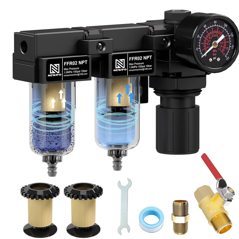 NEWPO 1/4" NPT Air Compressor Filter Regulator with Gauge,Air Drying System with Semi-Auto Drain, Metal Bracket,5＆5 Micron Filter Cartridge (Black) - Image 1